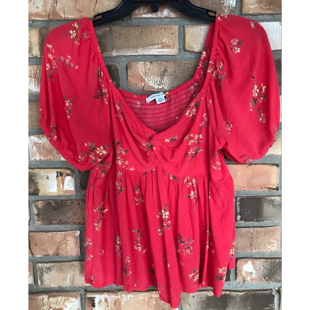 American Eagle Red Floral Puff Sleeve Smocked Babydoll Top Size Small